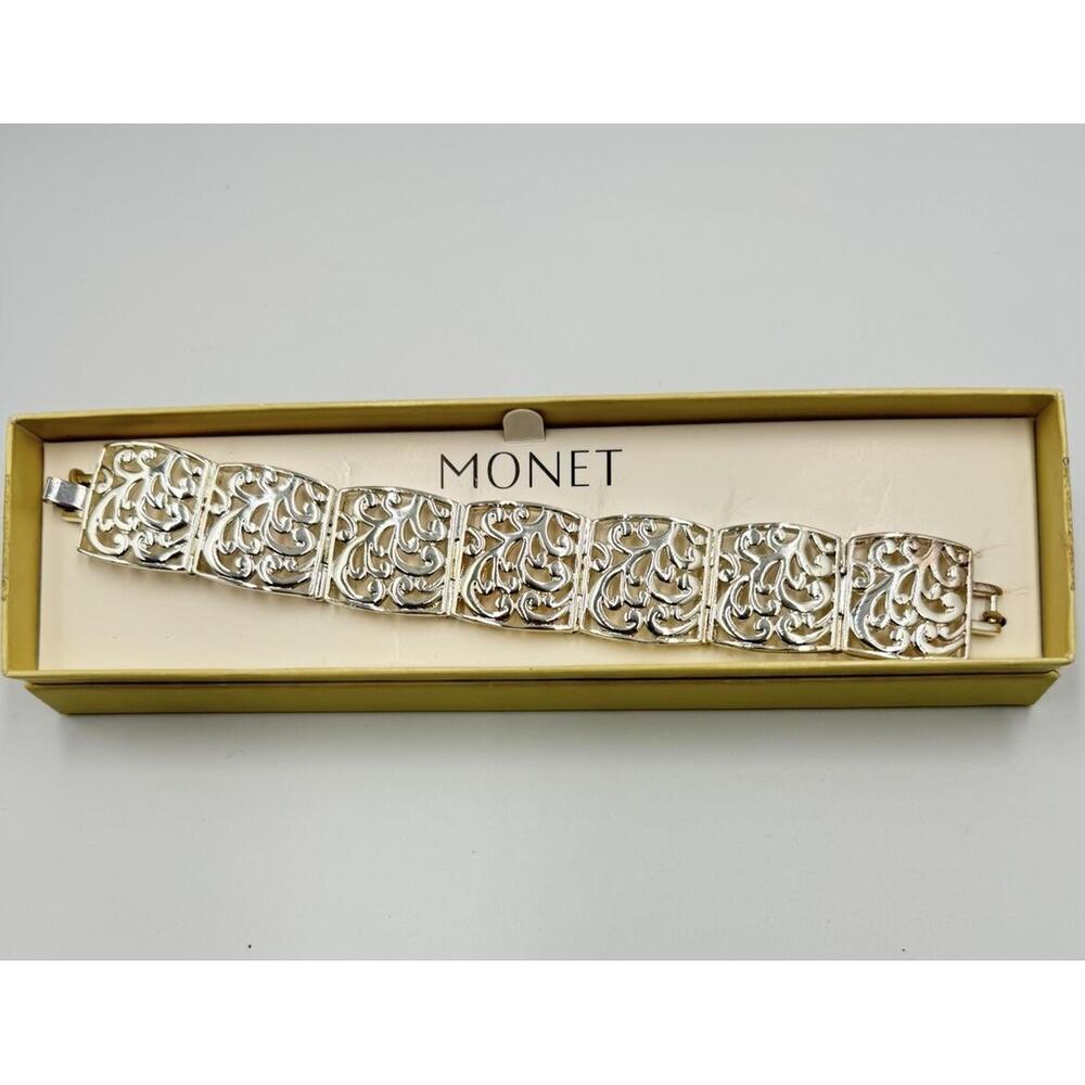 Monet Signed New Silver Tone Scroll Panel Link Wide‎ Statement Bracelet
